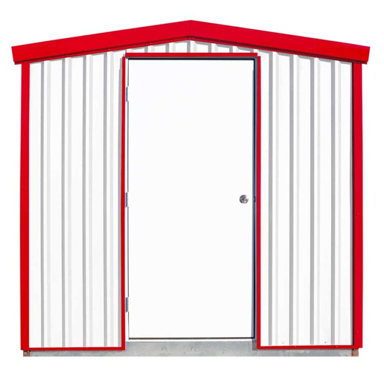 Siding: Polar White: Trim: Crimson Red | Door: Swing