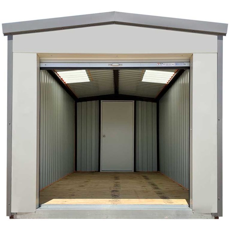Siding: Ash Gray | Trim: Charcoal Gray | Door: Additional Swing | Features: Set of 2 Skylights