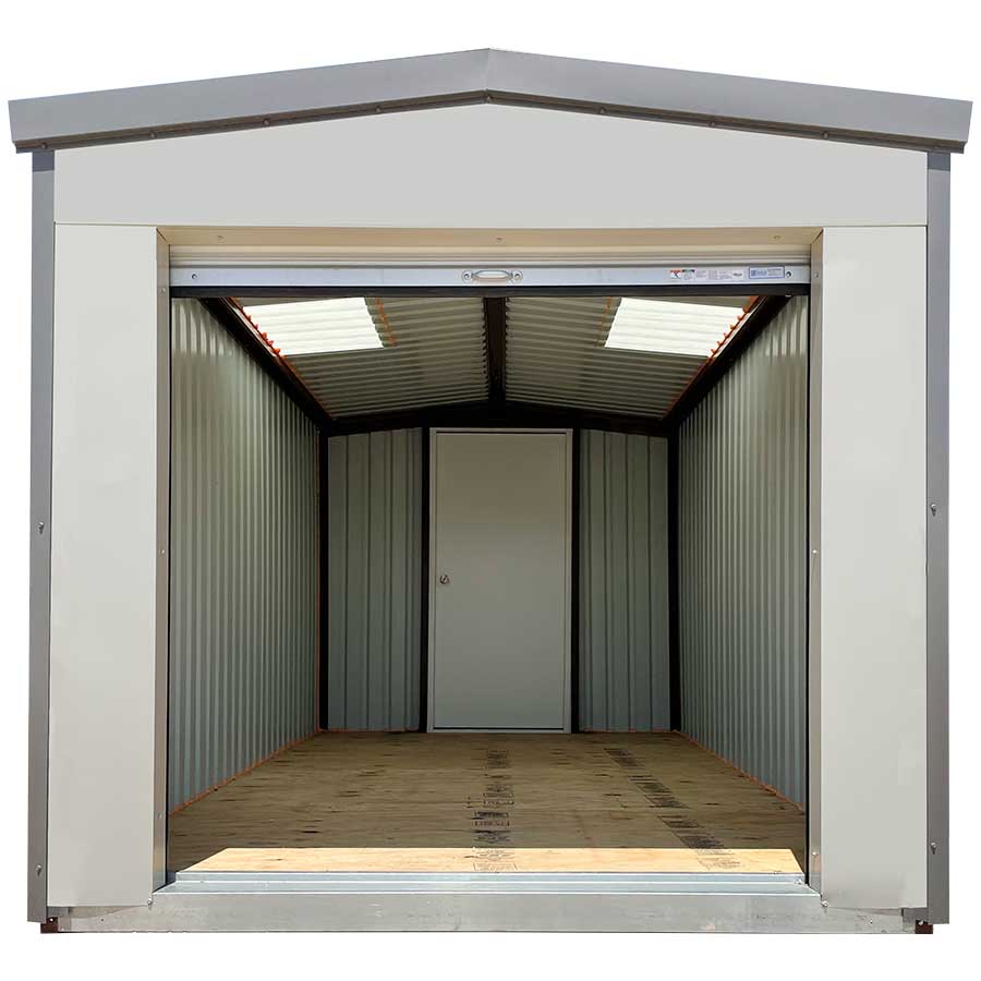 Siding: Ash Gray | Trim: Charcoal Gray | Door: Additional Swing | Features: Set of 2 Skylights