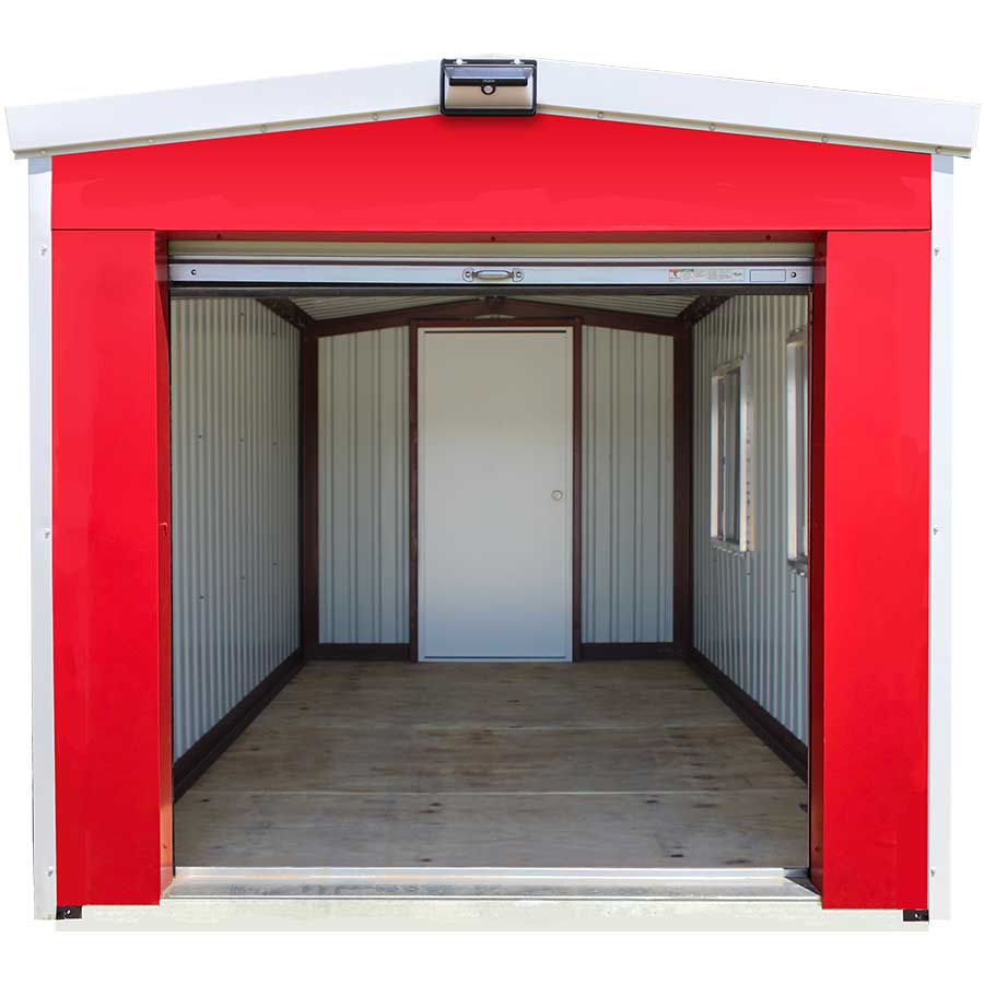 Siding: Crimson Red | Trim: Polar White | Door: Additional Swing Door | Features: Solar Light, 2 Windows
