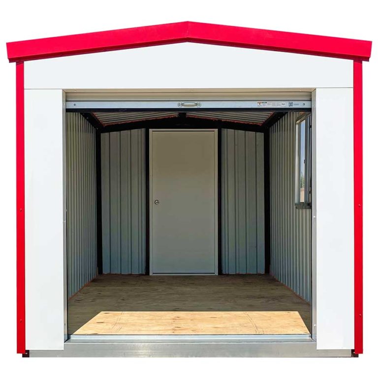 Siding: Polar White | Trim: Crimson Red | Door: Additional Swing | Features: Window